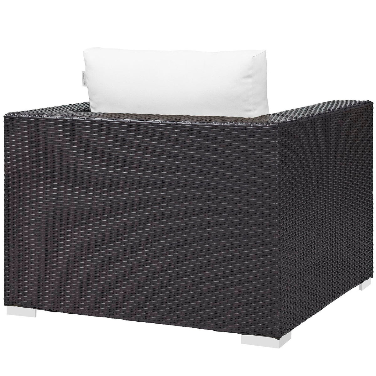 Convene Outdoor Patio Armchair in dark brown wicker with white cushion on Tampa Home & Garden Store