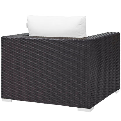 Convene Outdoor Patio Armchair in dark brown wicker with white cushion on Tampa Home & Garden Store