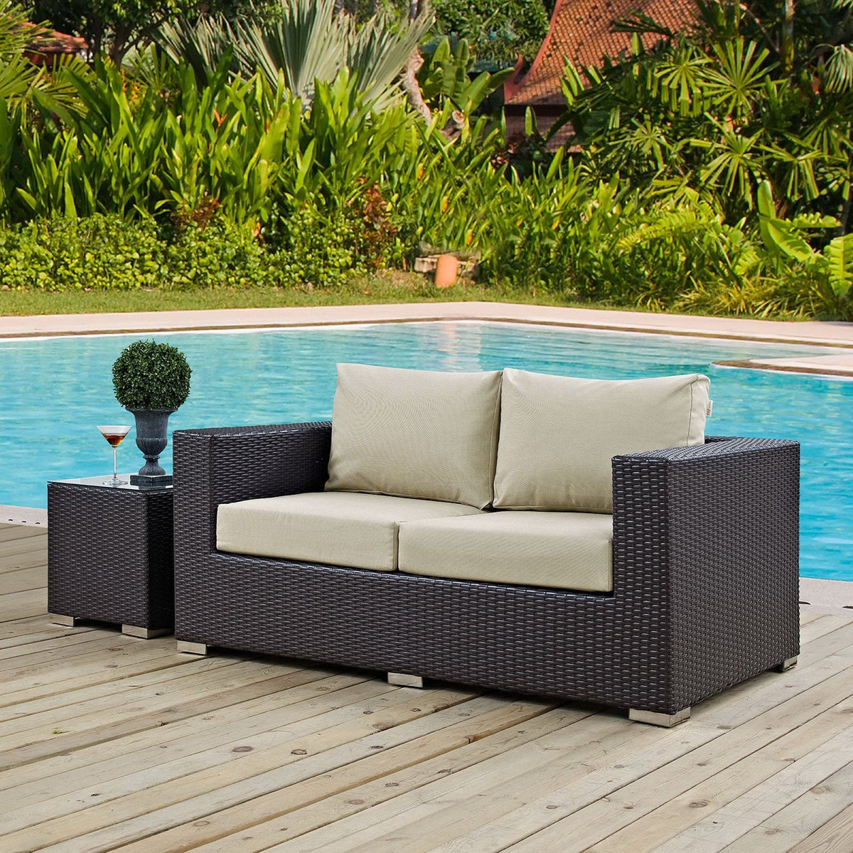 Convene Outdoor Patio Loveseat by Modway in dark woven wicker with beige cushions on Tampa Home & Garden Store