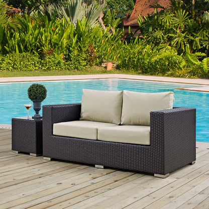 Convene Outdoor Patio Loveseat by Modway in dark woven wicker with beige cushions on Tampa Home & Garden Store