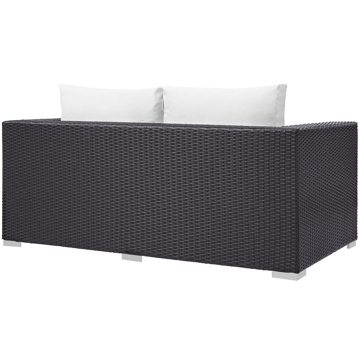 Modway Convene outdoor patio loveseat in dark brown woven rattan with white cushions on Tampa Home & Garden Store