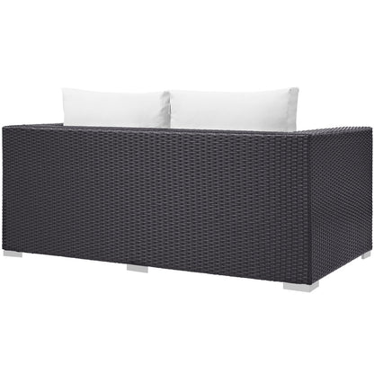 Modway Convene outdoor patio loveseat in dark brown woven rattan with white cushions on Tampa Home & Garden Store