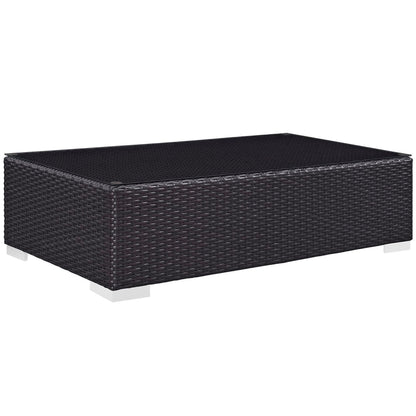 Convene Outdoor Patio Coffee Table in dark brown wicker with white square legs on Tampa Home & Garden Store