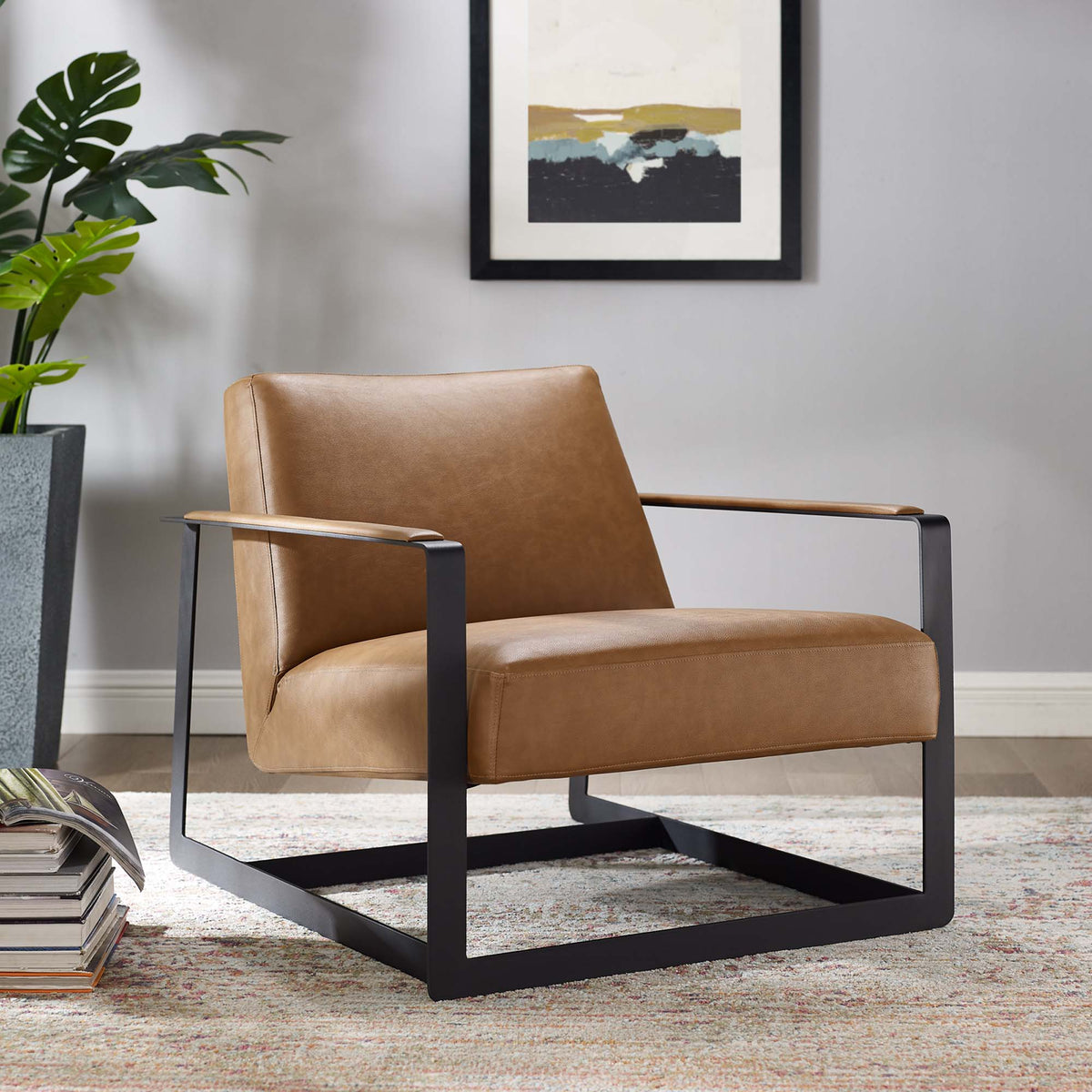 Seg vegan leather accent chair with tan upholstery and black metal frame by Modway on Tampa Home & Garden Store