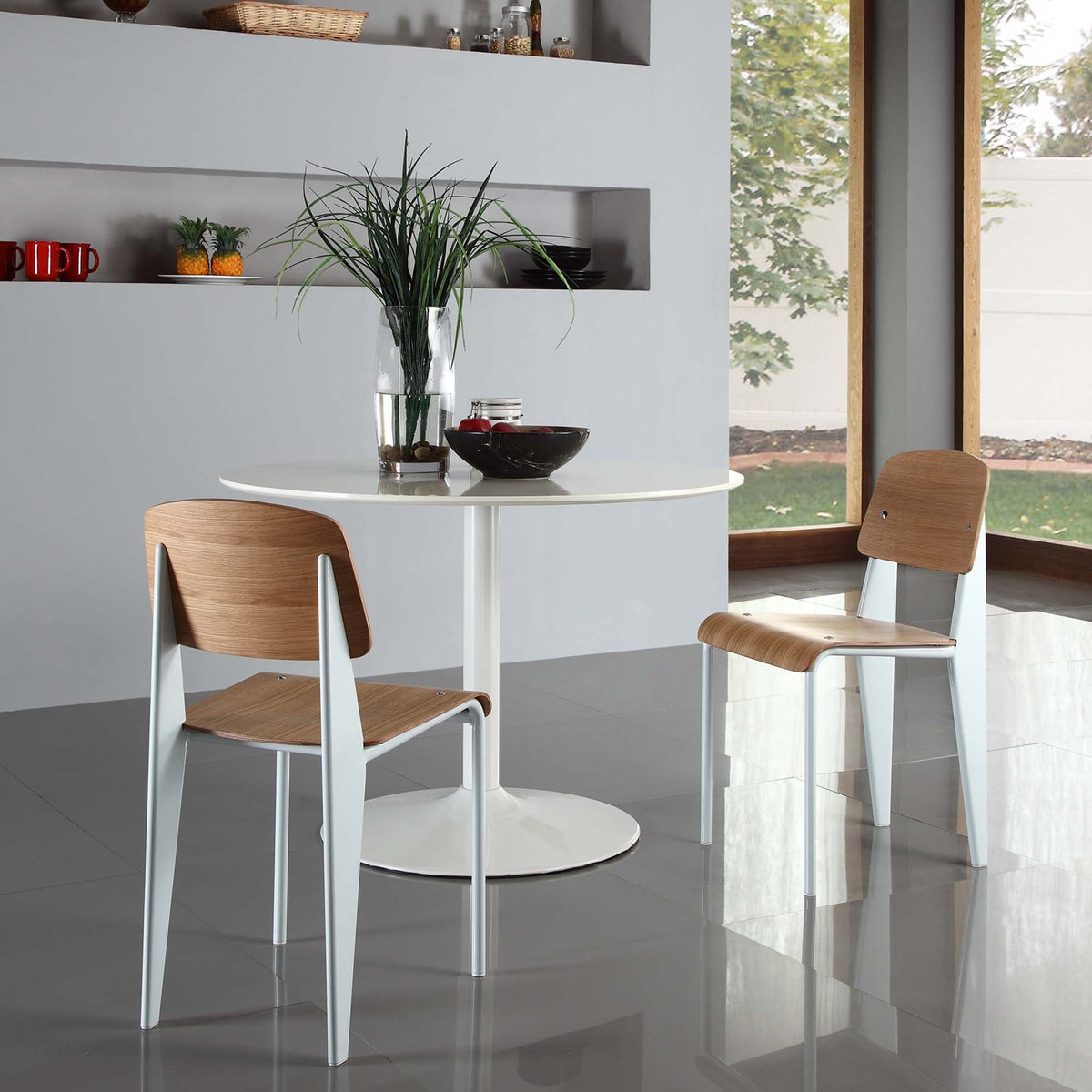 Cabin Dining Side Chair by Modway, natural wood seat with white metal frame, pair on Tampa Home & Garden Store