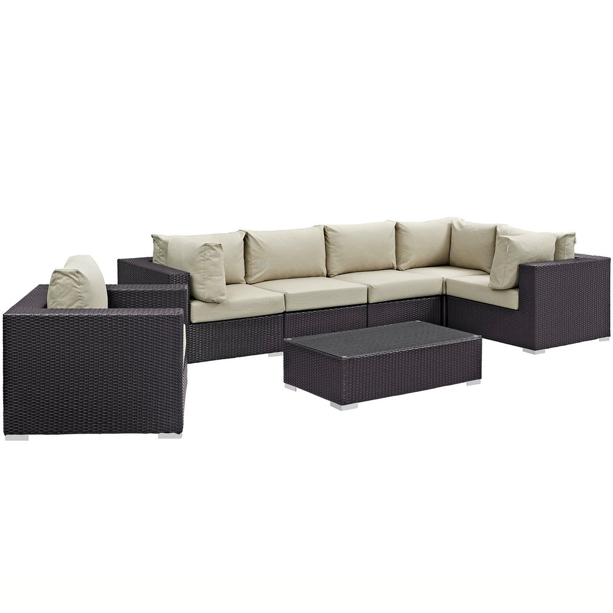 Convene 7-Piece Patio Sectional Set dark wicker with beige cushions and glass coffee table on Tampa Home & Garden Store