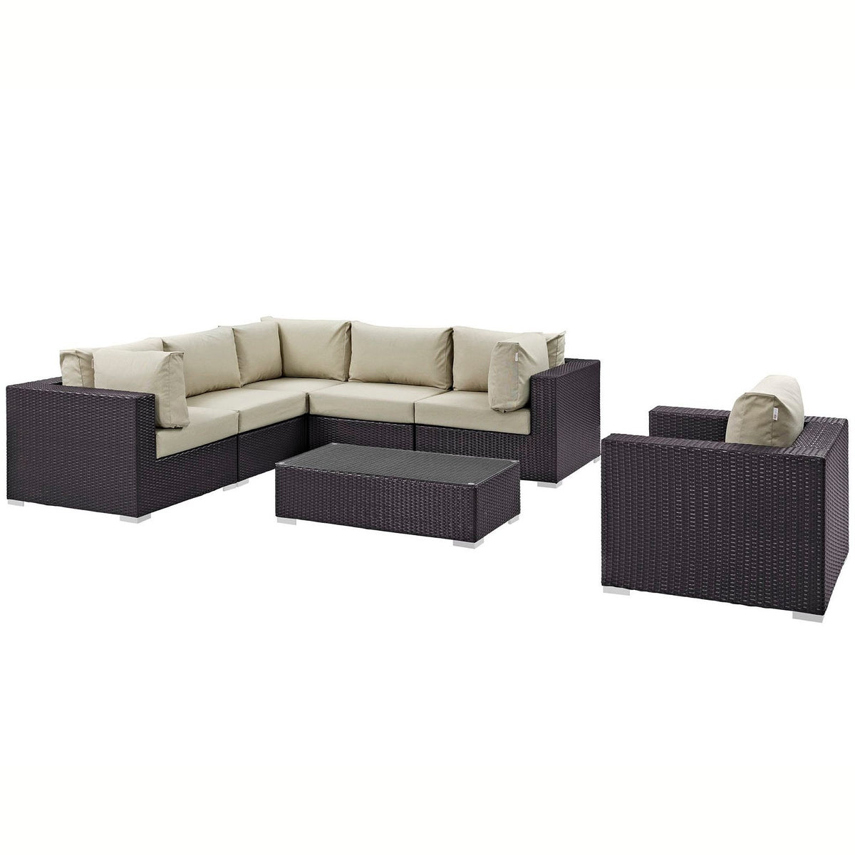 Convene 7-Piece Outdoor Patio Sectional Set with beige cushions, dark wicker, coffee table on Tampa Home & Garden Store