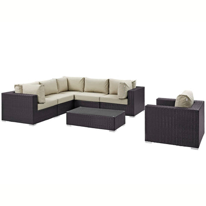 Convene 7-Piece Outdoor Patio Sectional Set with beige cushions, dark wicker, coffee table on Tampa Home & Garden Store