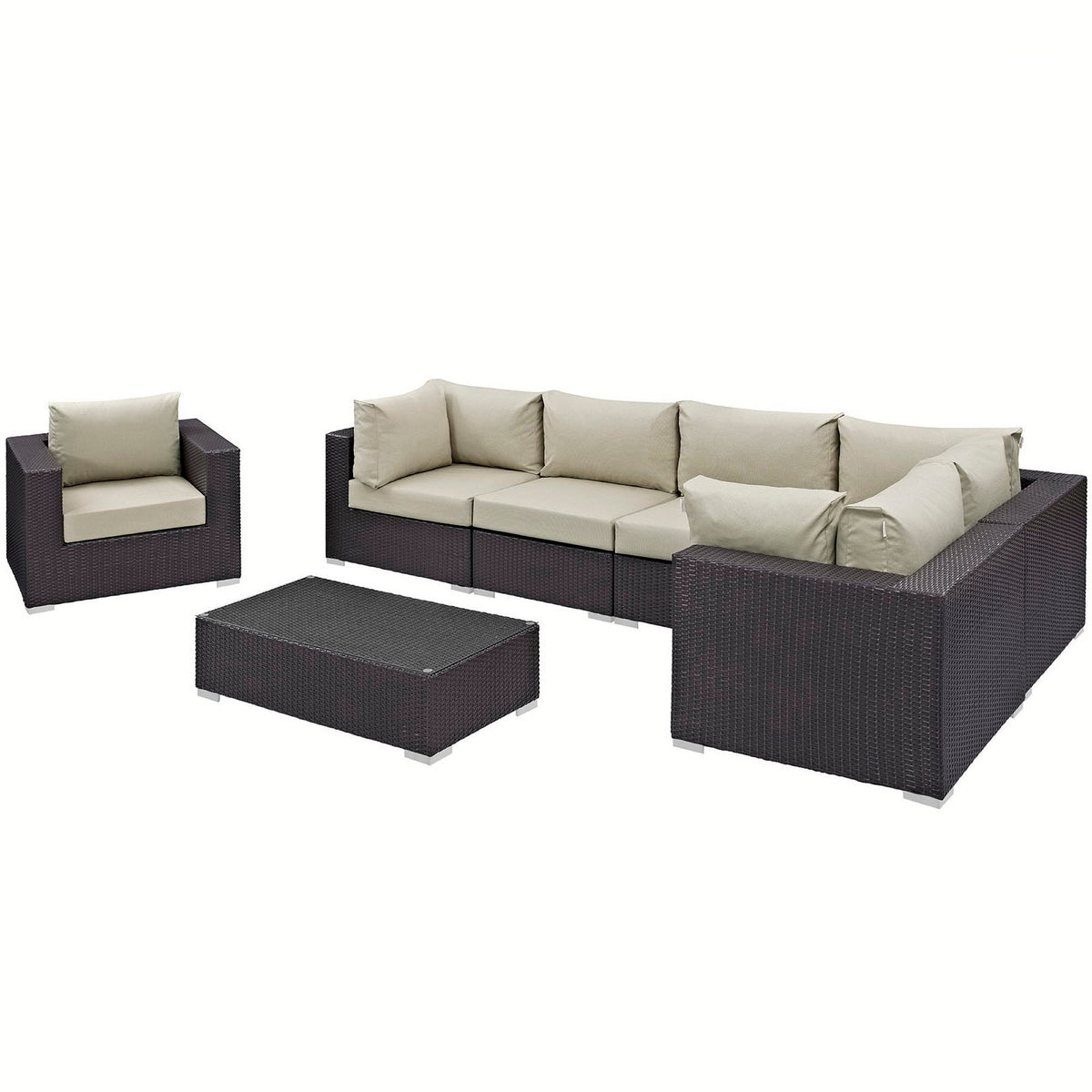 Convene 7-Piece Outdoor Sectional Set, dark brown wicker with beige cushions by HouseOfZazla on Tampa Home & Garden Store