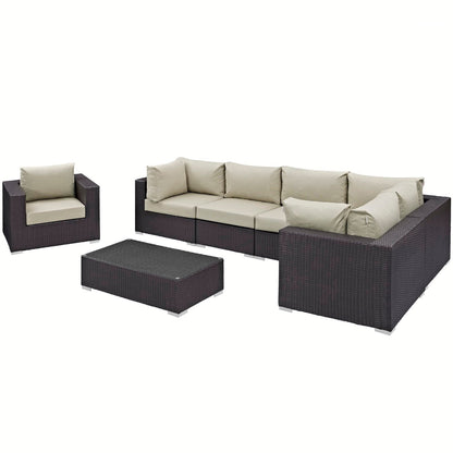 Convene 7-Piece Outdoor Sectional Set, dark brown wicker with beige cushions by HouseOfZazla on Tampa Home & Garden Store