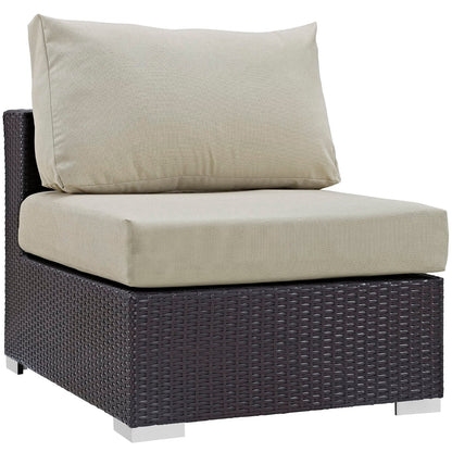 Convene 7 Piece Outdoor Patio Sectional Set with dark brown wicker and beige cushions on Tampa Home & Garden Store