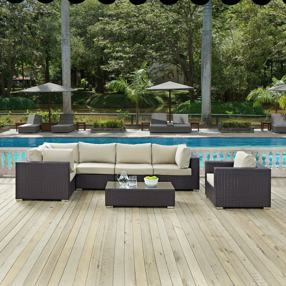 Convene 7 Piece Outdoor Patio Sectional Set by Modway dark wicker with beige cushions and table on Tampa Home & Garden Store