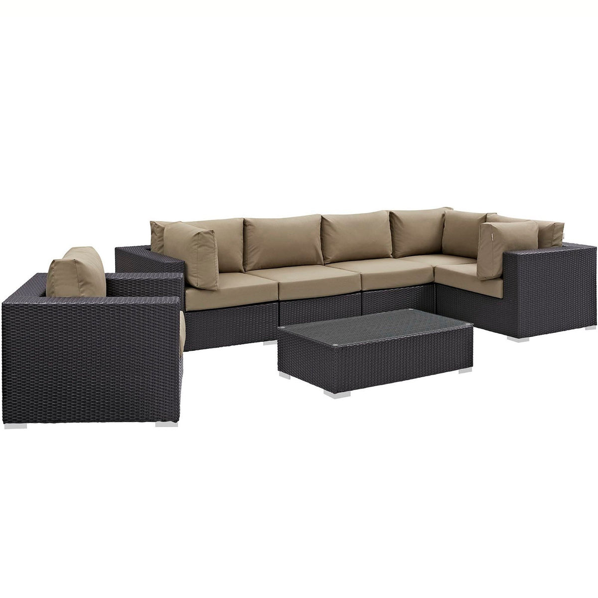 Convene 7 Piece outdoor patio sectional set by Modway in dark wicker with tan cushions on Tampa Home & Garden Store