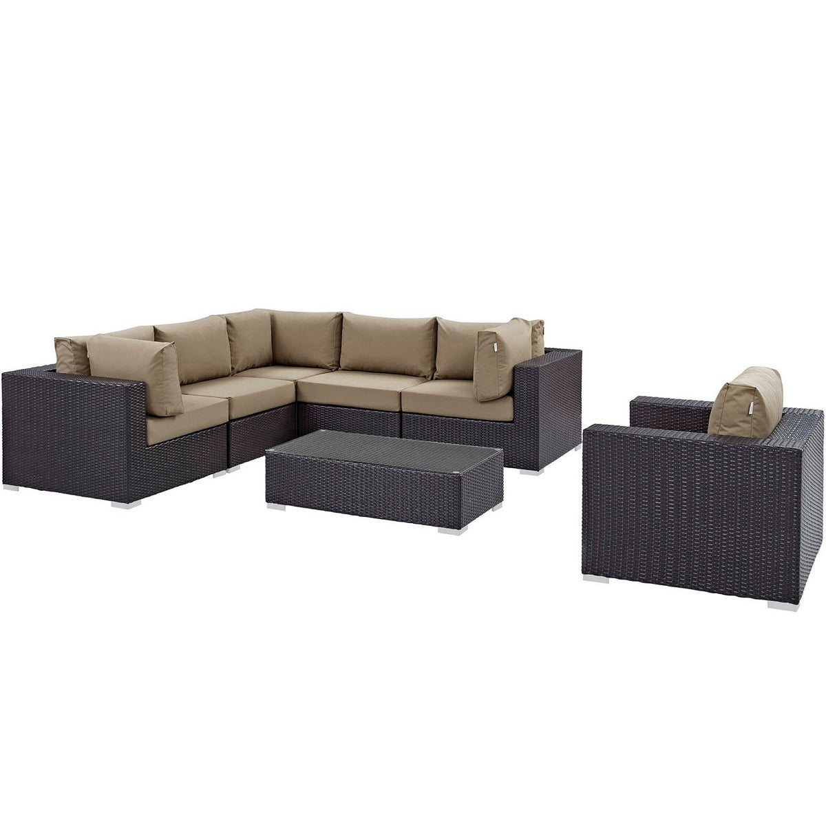 Convene 7 Piece Outdoor Patio Sectional Set with dark wicker frame and beige cushions on Tampa Home & Garden Store
