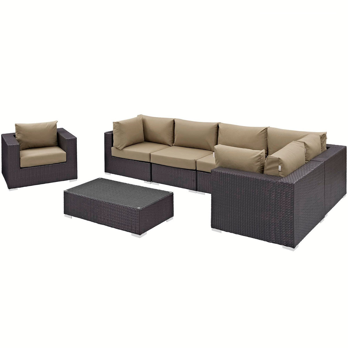 Convene 7-Piece Outdoor Patio Sectional Set in dark wicker with tan cushions and coffee table on Tampa Home & Garden Store