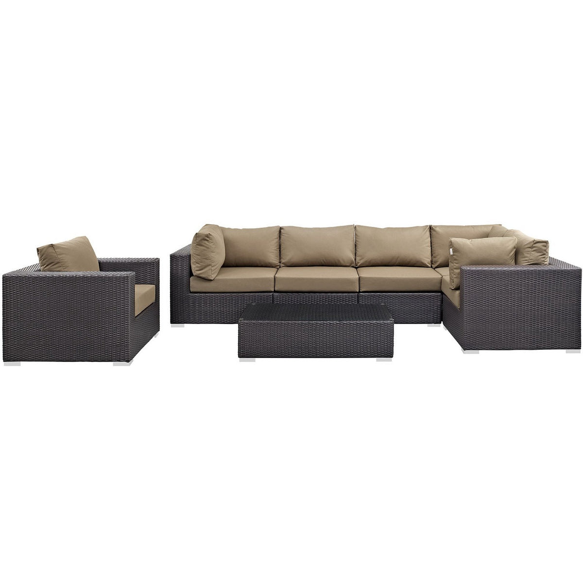 Convene 7-piece outdoor sectional set with tan cushions and dark wicker, includes table on Tampa Home & Garden Store