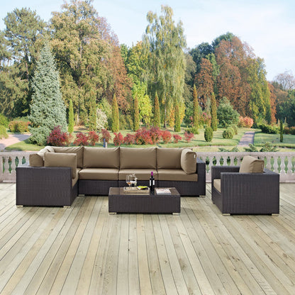 Convene 7 Piece Outdoor Patio Sectional Set by Modway with beige cushions and dark wicker on a wooden deck on Tampa Home & Garden Store