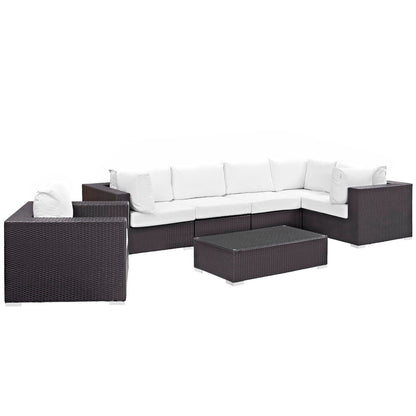 Convene 7-Piece Sectional Set in dark brown wicker with white cushions and coffee table on Tampa Home & Garden Store