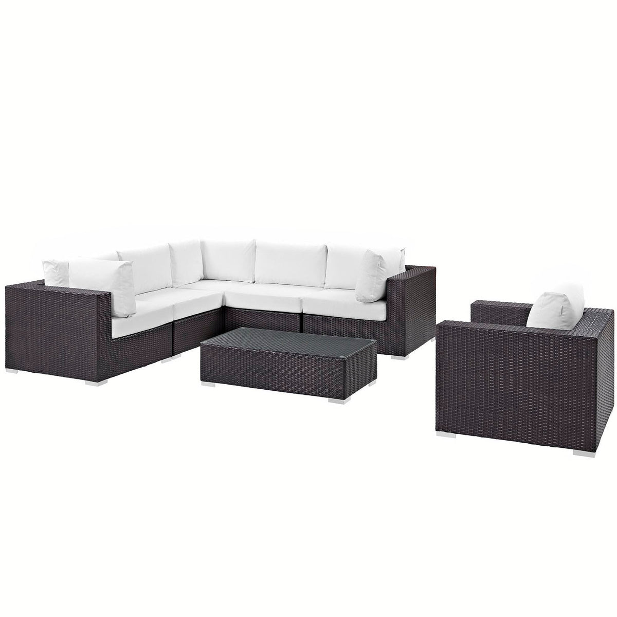 Convene 7-Piece Set in dark brown wicker with white cushions includes coffee table on Tampa Home & Garden Store