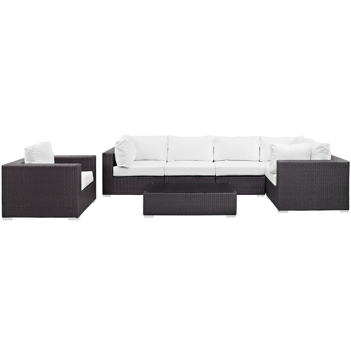 Convene 7-piece Patio Sectional Set by Modway in dark brown wicker with white cushions on Tampa Home & Garden Store
