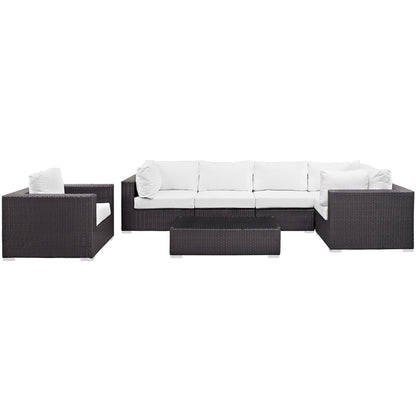 Convene 7-piece Patio Sectional Set by Modway in dark brown wicker with white cushions on Tampa Home & Garden Store