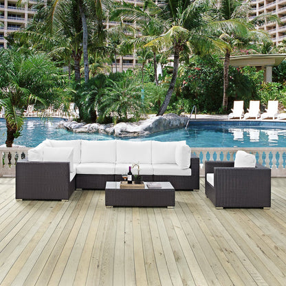 Convene 7pc Outdoor Sectional Set white cushions in dark wicker around coffee table by pool on Tampa Home & Garden Store