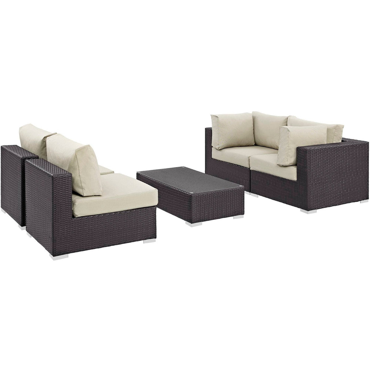 Convene 5 Piece Outdoor Patio Sectional Set in dark wicker with beige cushions and coffee table on Tampa Home & Garden Store