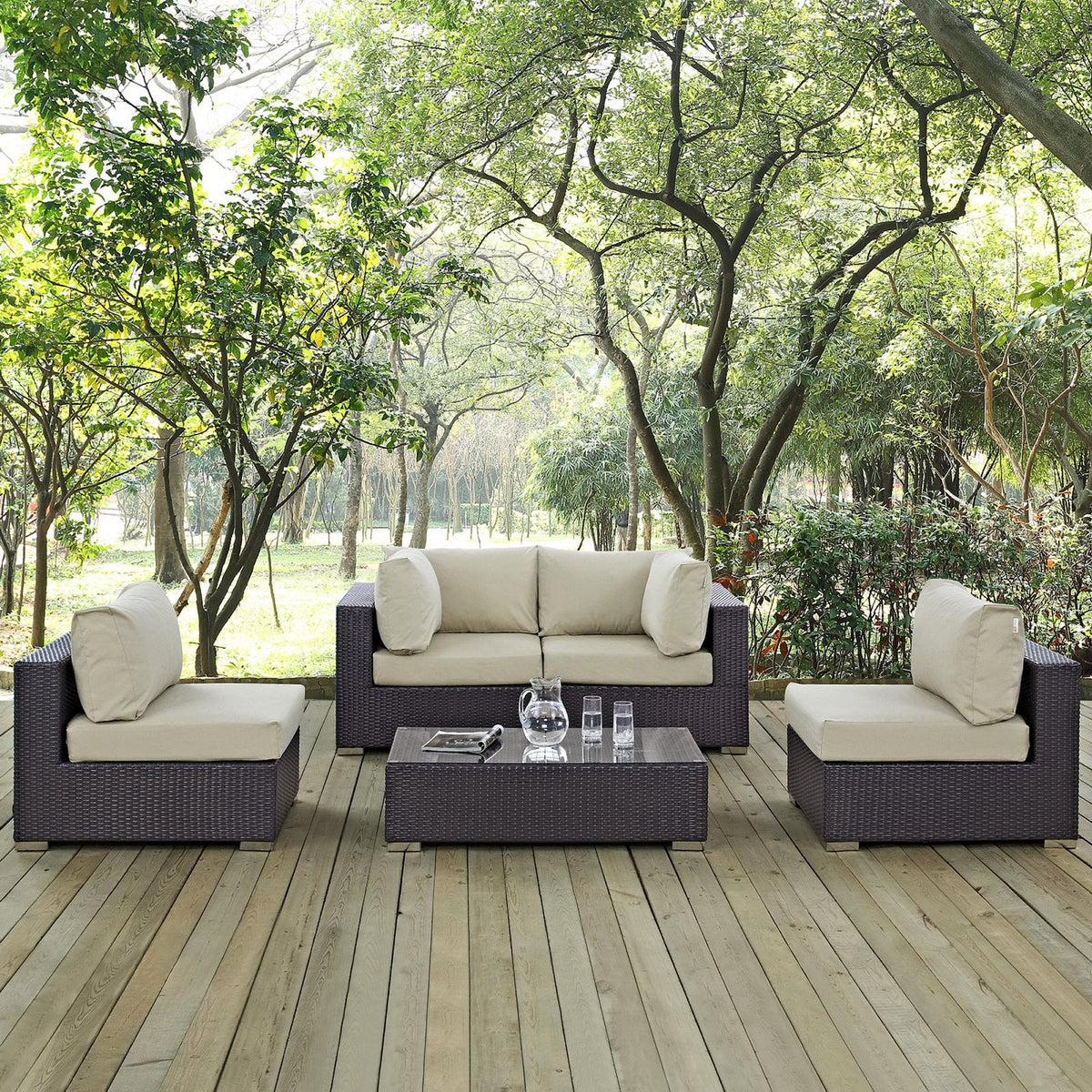 Convene 5 Piece Outdoor Patio Sectional Set dark wicker with beige cushions and table on Tampa Home & Garden Store
