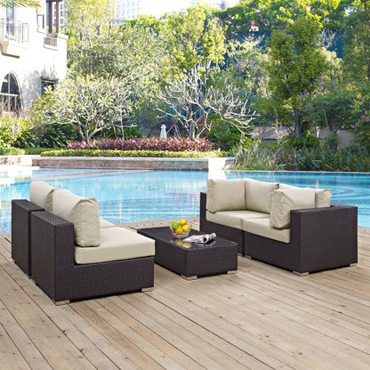 Convene 5 Piece Outdoor Patio Sectional Set in dark wicker with cushions and glass coffee table on Tampa Home & Garden Store