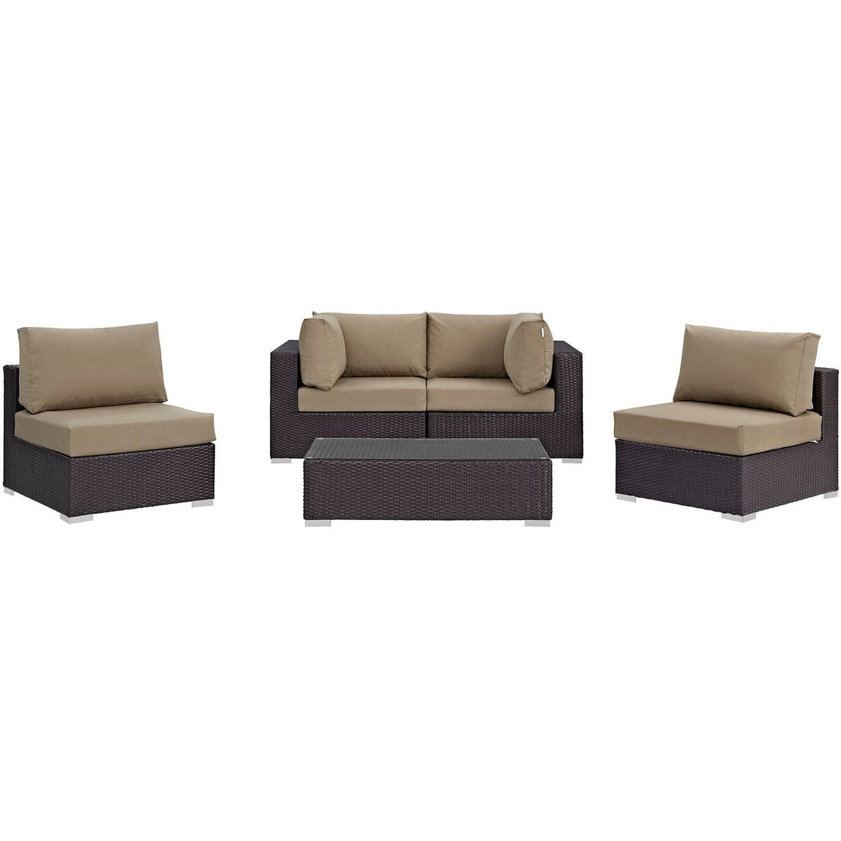 Convene 5 Piece Outdoor Sectional Set by Modway, beige cushions on dark wicker with table on Tampa Home & Garden Store