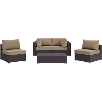 Convene 5 Piece Outdoor Sectional Set by Modway, beige cushions on dark wicker with table on Tampa Home & Garden Store
