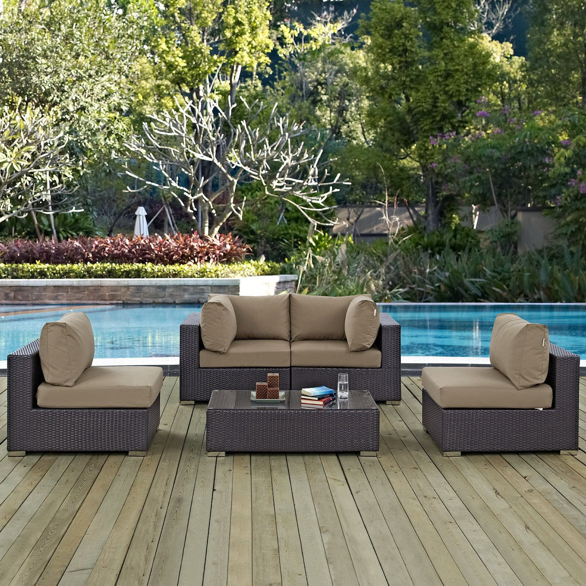 Convene 5 Piece Outdoor Patio Sectional Set with beige cushions in dark wicker by Modway on Tampa Home & Garden Store