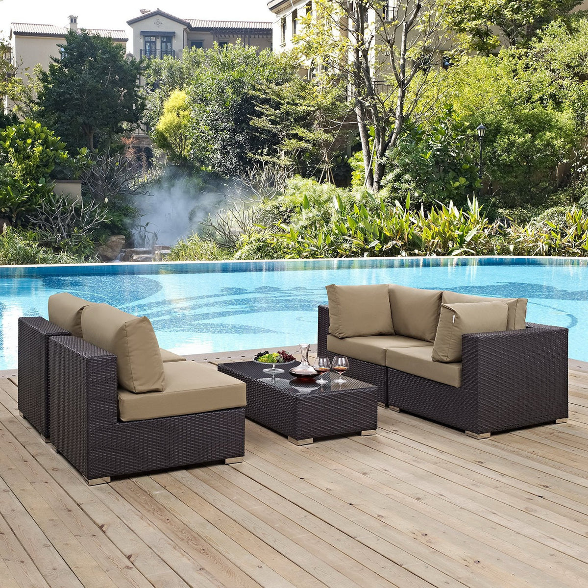 Convene 5 Piece Outdoor Patio Sectional Set by Modway brown wicker cushions and glass-top table on Tampa Home & Garden Store