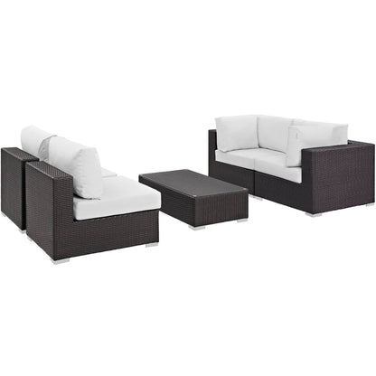 Convene 5pc Outdoor Patio Sectional Set dark brown wicker with white cushions and coffee table on Tampa Home & Garden Store