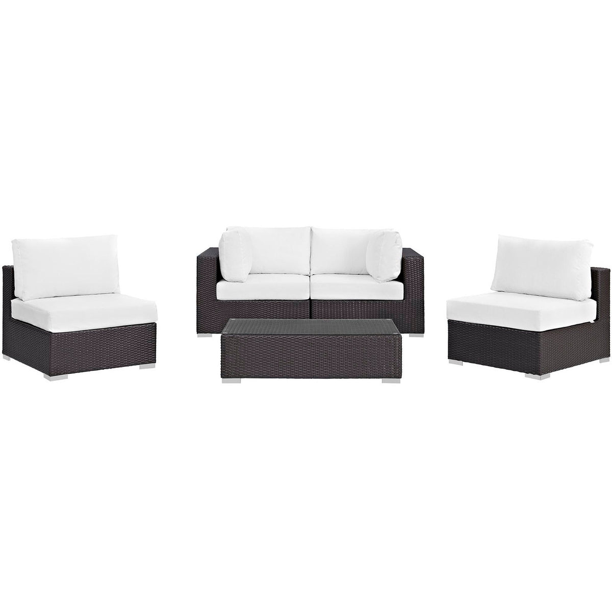 Convene 5-piece outdoor sectional set in dark wicker with white cushions sofa and chairs on Tampa Home & Garden Store