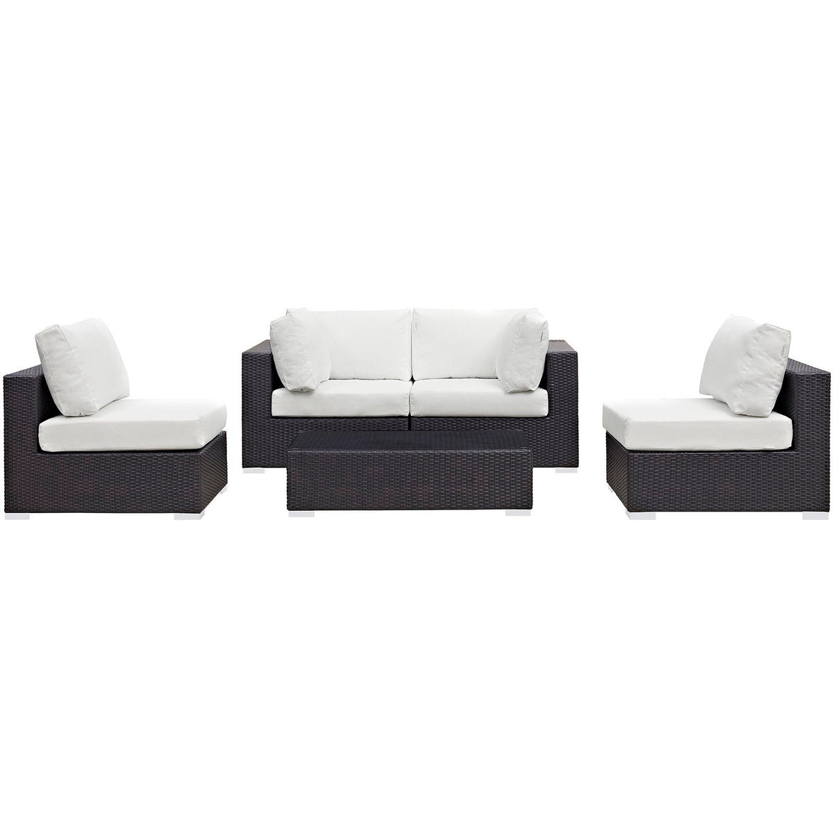 Convene 5 Piece Outdoor Patio Sectional Set with dark wicker and white cushions; sofa and coffee table on Tampa Home & Garden Store