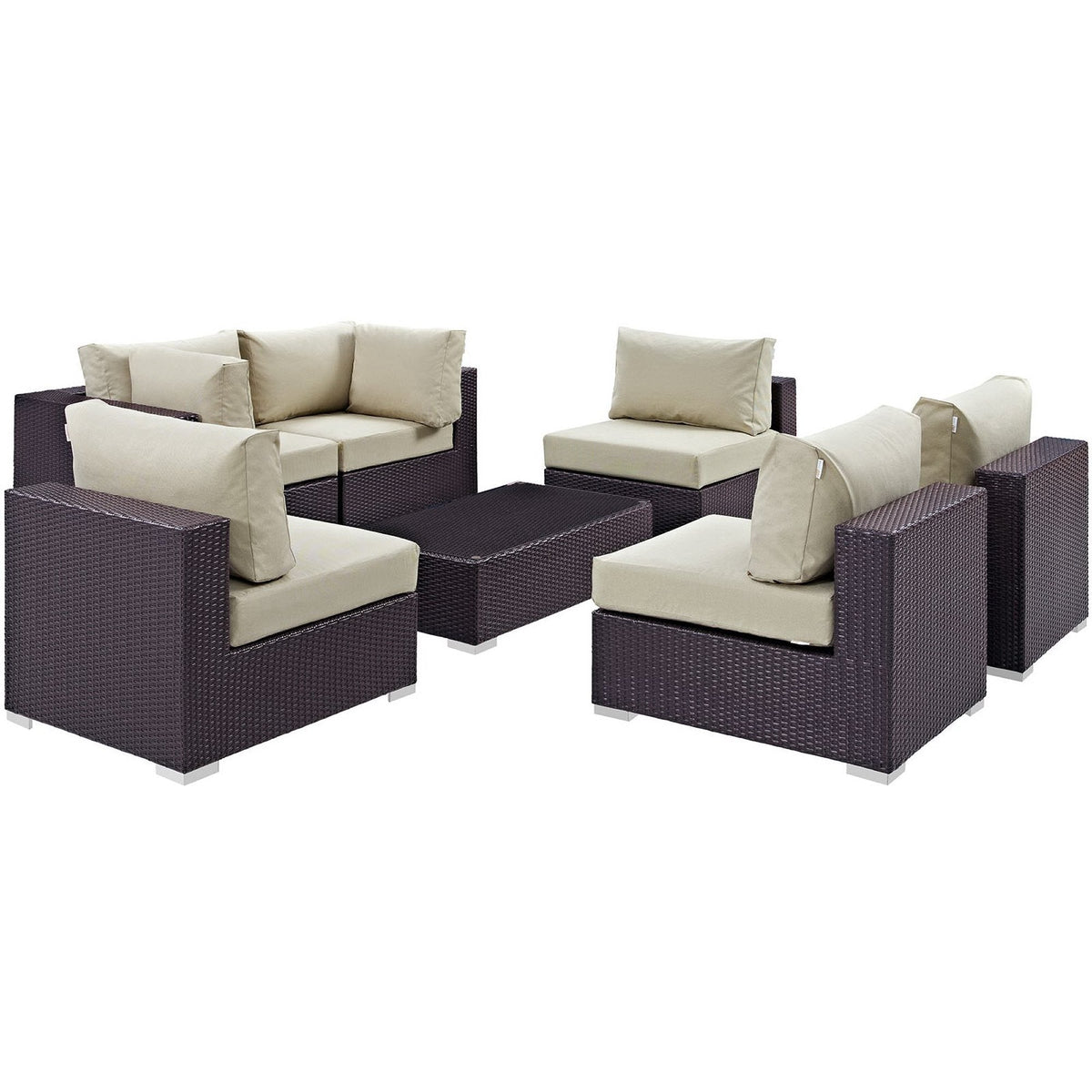 Convene 7-piece outdoor patio sectional set by Modway in dark brown wicker with beige cushions on Tampa Home & Garden Store