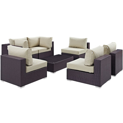 Convene 7-piece outdoor patio sectional set by Modway in dark brown wicker with beige cushions on Tampa Home & Garden Store
