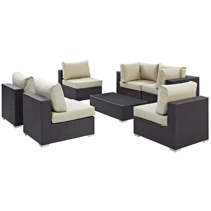 Convene 7-Piece Outdoor Patio Sectional Set in dark brown wicker with beige cushions on Tampa Home & Garden Store