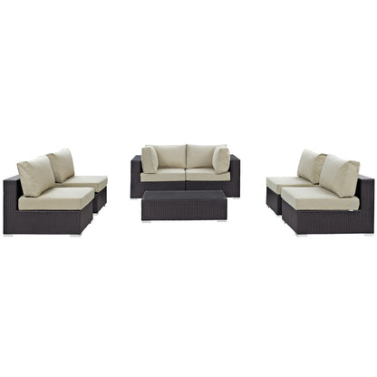 Convene 7pc Patio Sectional Set by Modway, dark wicker with beige cushions and coffee table on Tampa Home & Garden Store
