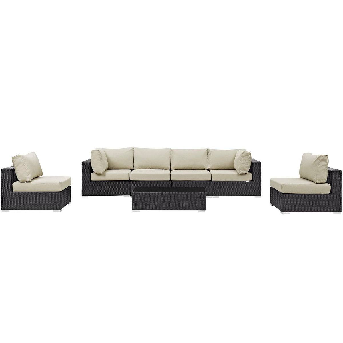 Convene 7-piece outdoor patio sectional set with dark wicker frame and beige cushions on Tampa Home & Garden Store