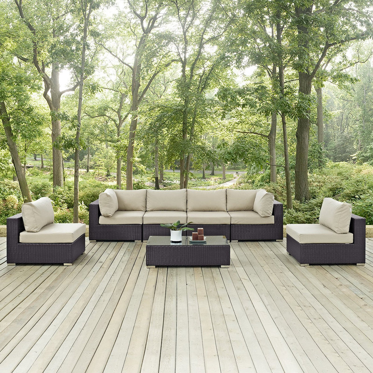 Convene 7 Piece Outdoor Patio Sectional Set by Modway, dark wicker and beige cushions on Tampa Home & Garden Store