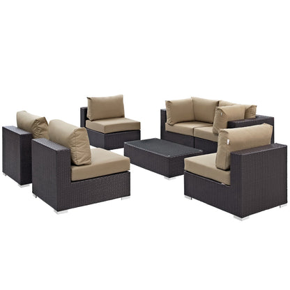 Convene 7-Piece Patio Sectional Set with dark wicker frames and tan cushions by Modway on Tampa Home & Garden Store