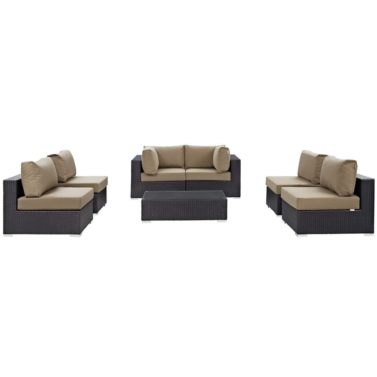 Convene 7 Piece patio sectional set with wicker and beige cushions, includes coffee table on Tampa Home & Garden Store