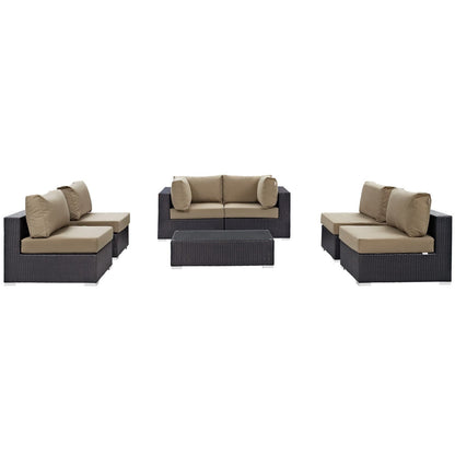 Convene 7 Piece patio sectional set with wicker and beige cushions, includes coffee table on Tampa Home & Garden Store