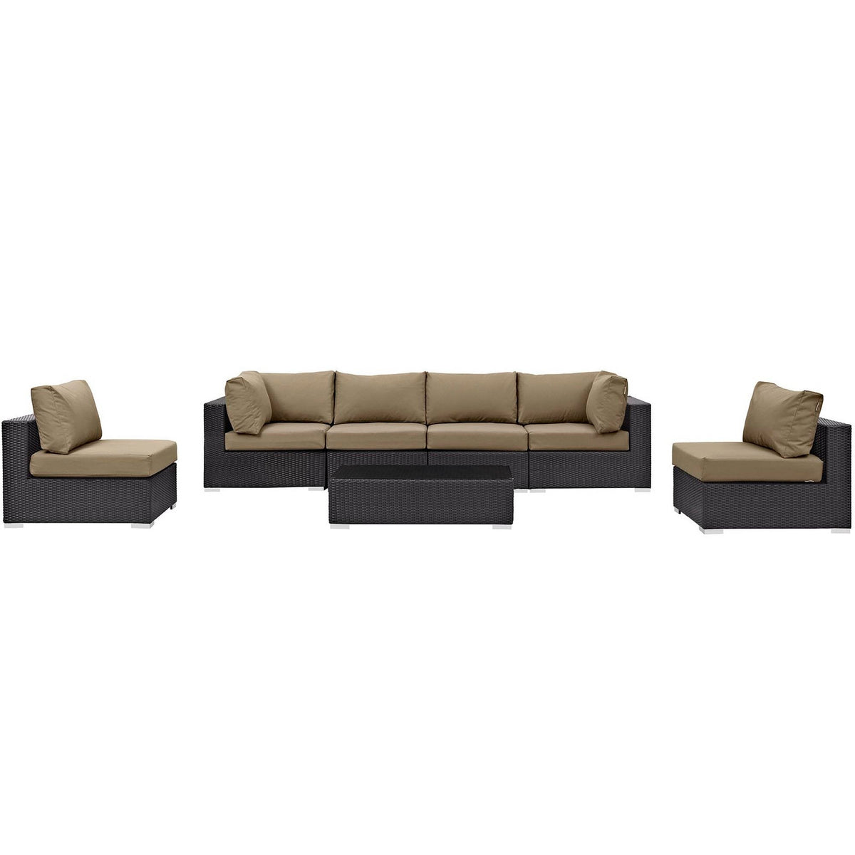 Convene 7-Piece Outdoor Patio Sectional Set in dark wicker with tan cushions and table by Modway on Tampa Home & Garden Store