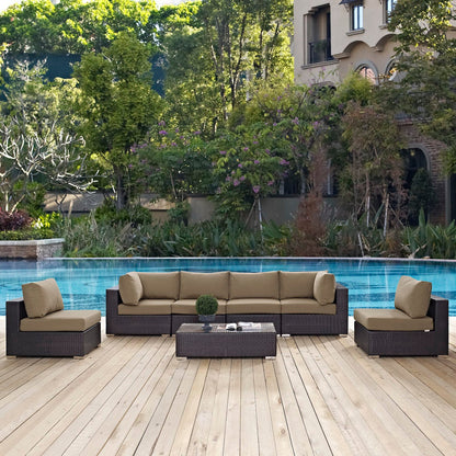 Convene 7 Piece Outdoor Patio Sectional Set by Modway featuring tan cushions on dark wicker on Tampa Home & Garden Store