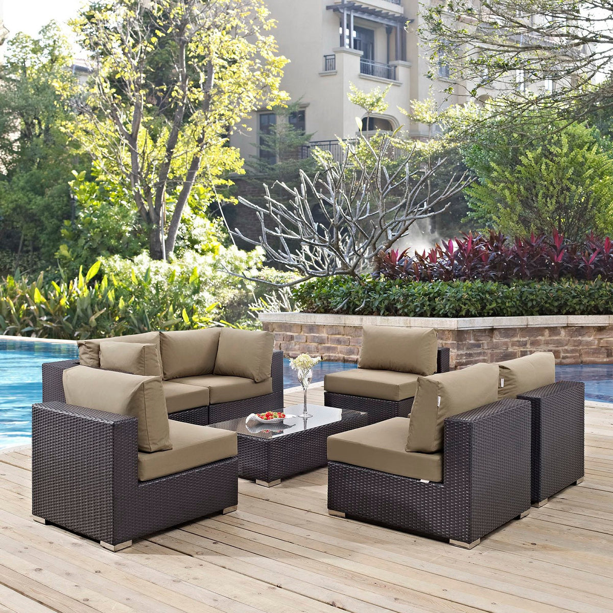 Convene 7-Piece Patio Sectional Set in dark brown wicker with beige cushions by Modway on Tampa Home & Garden Store