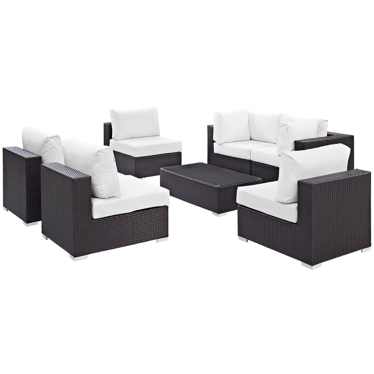 Convene 7 Piece Outdoor Patio Sectional Set with dark wicker and white cushions on Tampa Home & Garden Store