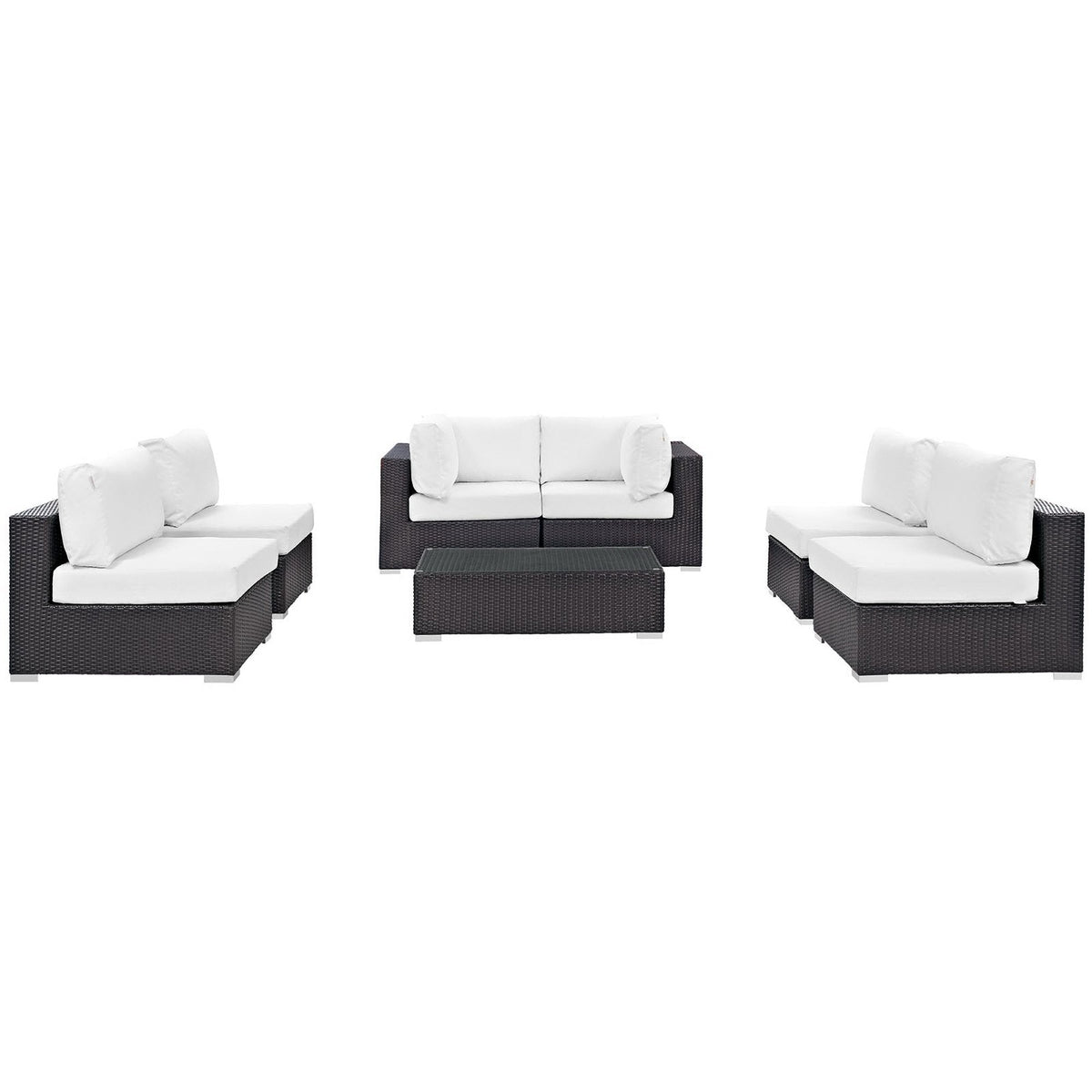 Convene 7-piece outdoor sofa sectional set in brown wicker with white cushions on Tampa Home & Garden Store